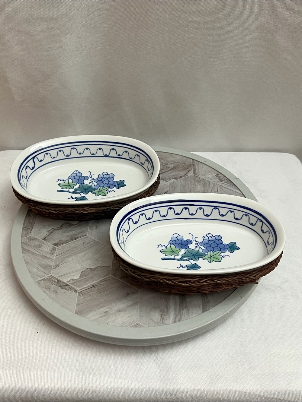 Set of 2 Grape Ceramic Serving Dishes With Wicker Baskets Blue Green Vintage